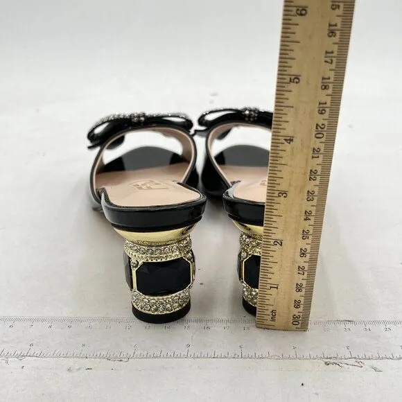 FSJ Black Low Heel Rhinestone Bow Mule Sandals Peep Toe Crystal Slipper