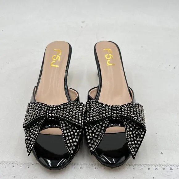 FSJ Black Low Heel Rhinestone Bow Mule Sandals Peep Toe Crystal Slipper
