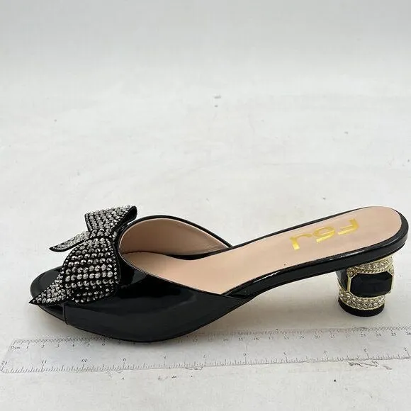 FSJ Black Low Heel Rhinestone Bow Mule Sandals Peep Toe Crystal Slipper