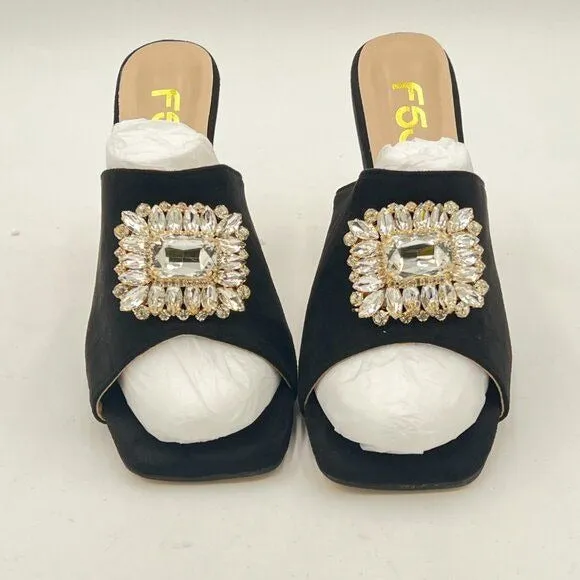 FSJ Black Luxury Square Crystal High Heel Sandals Mule Open Toe Rhinestone Shoes
