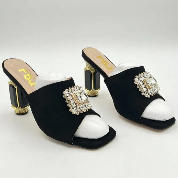 FSJ Black Luxury Square Crystal High Heel Sandals Mule Open Toe Rhinestone Shoes