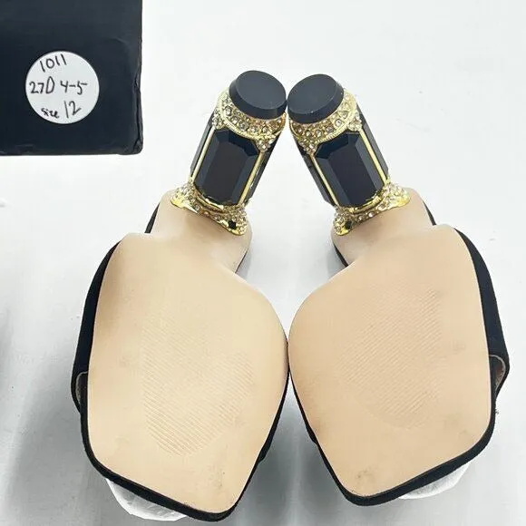 FSJ Black Luxury Square Crystal High Heel Sandals Mule Open Toe Rhinestone Shoes