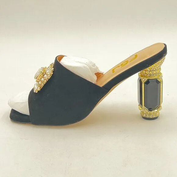 FSJ Black Luxury Square Crystal High Heel Sandals Mule Open Toe Rhinestone Shoes