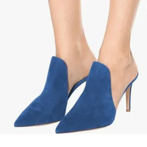 FSJ Blue Pointed Toe Slide Mule Sandal Slippers Stiletto High Heels Loafers Shoe