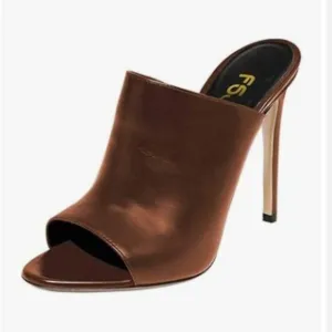 FSJ Brown Open Peep Toe Mule Sandal Slide Slippers High Heels Summer Casual Shoe