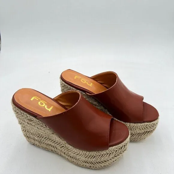 FSJ Brown Open Toe Espadrille Wedge Heel Platform Mule Faux Leather Slide Sandal