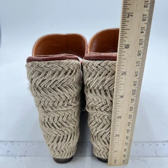 FSJ Brown Open Toe Espadrille Wedge Heel Platform Mule Faux Leather Slide Sandal