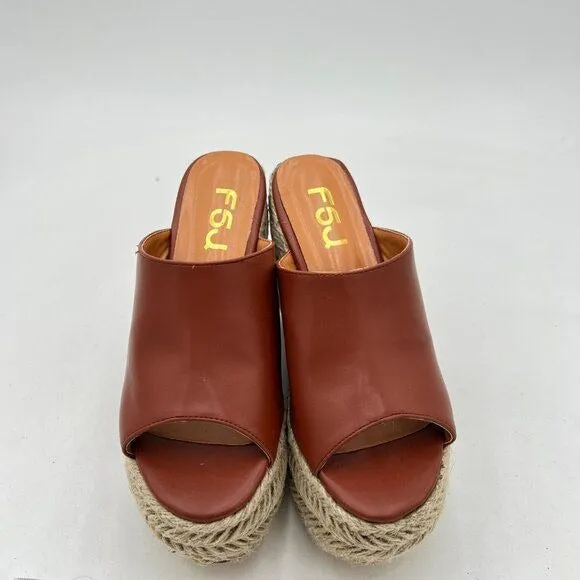 FSJ Brown Open Toe Espadrille Wedge Heel Platform Mule Faux Leather Slide Sandal