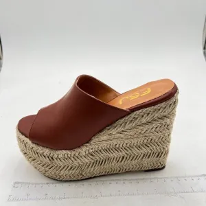 FSJ Brown Open Toe Espadrille Wedge Heel Platform Mule Faux Leather Slide Sandal