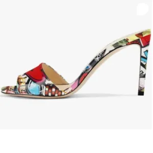 FSJ Colorful Casual Peep Toe Mule Sandals Stiletto High Heels Party Evening Shoe