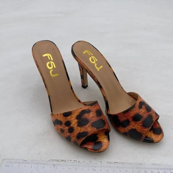 FSJ Leopard Peep Toe Mule Sandals Stiletto High Heels Party Evening Shoe