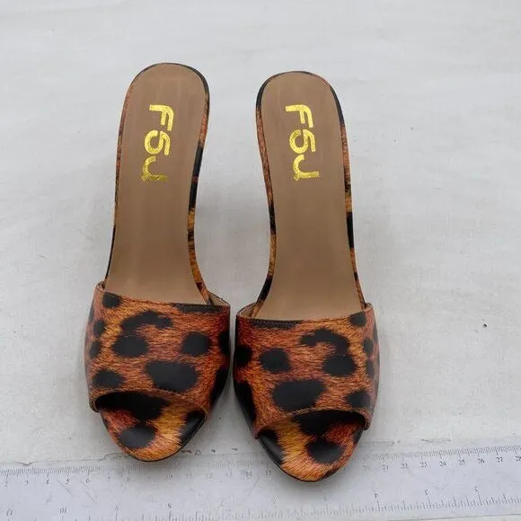 FSJ Leopard Peep Toe Mule Sandals Stiletto High Heels Party Evening Shoe