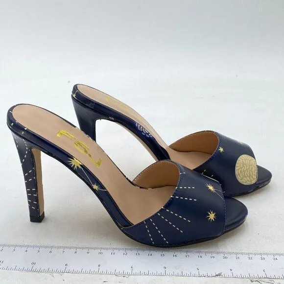 FSJ Navy Space Casual Peep Toe Mule Sandals Stiletto High Heels Party Shoe