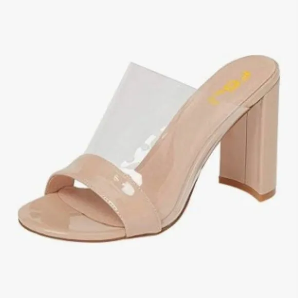 FSJ Nude Clear Open Toe Sandals Slip On Chunky High Heels Slide Mule