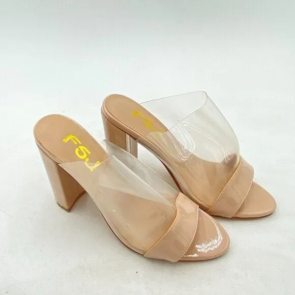 FSJ Nude Clear Open Toe Sandals Slip On Chunky High Heels Slide Mule