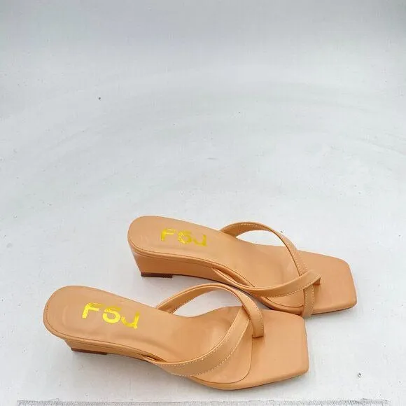 FSJ Nude Flip Flop Slide Mule Square Open Toe Thong Summer Wedge Heel Sandal