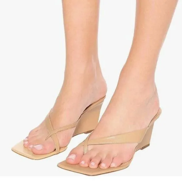 FSJ Nude Flip Flop Slide Mule Square Open Toe Thong Summer Wedge Heel Sandal