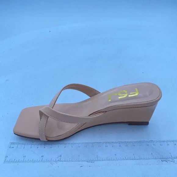 FSJ Nude Flip Flop Slide Mule Square Open Toe Thong Summer Wedge Heel Sandal