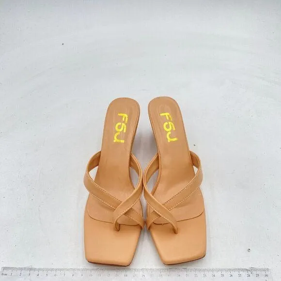 FSJ Nude Flip Flop Slide Mule Square Open Toe Thong Summer Wedge Heel Sandal