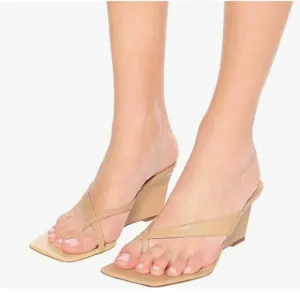 FSJ Nude Flip Flop Slide Mule Square Open Toe Thong Wedge Heel Sandal