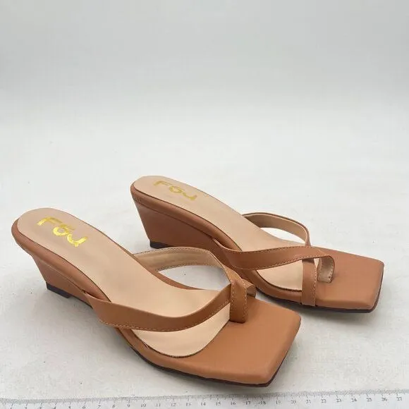 FSJ Nude Flip Flop Slide Mule Square Open Toe Thong Wedge Heel Sandal