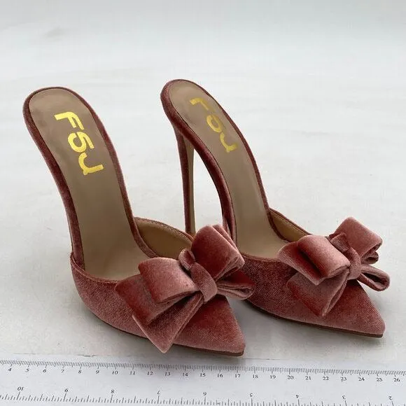 FSJ Pink Stylish High Heels Mule Sandals Pointed Toe Bowknot Stilettos Shoes