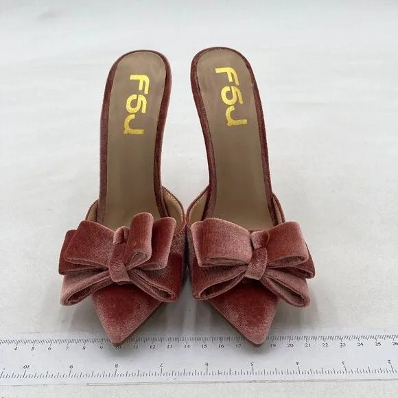 FSJ Pink Stylish High Heels Mule Sandals Pointed Toe Bowknot Stilettos Shoes
