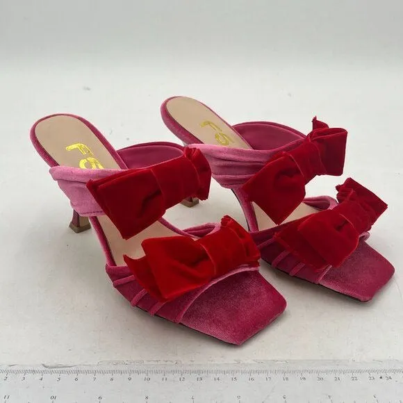 FSJ Pink Velvet Two Bows Open Toe Mule High Heel Slip On Party Evening Prom Shoe