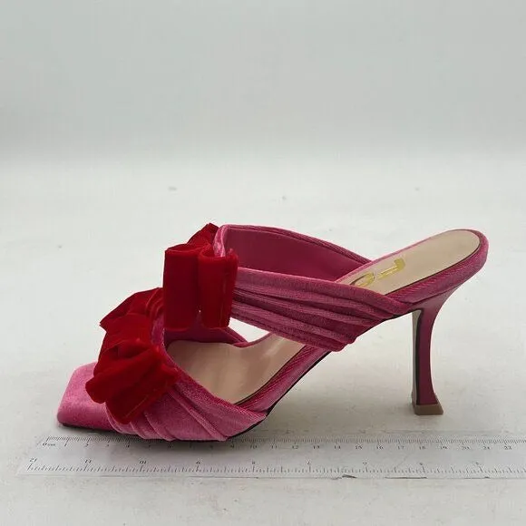 FSJ Pink Velvet Two Bows Open Toe Mule High Heel Slip On Party Evening Prom Shoe