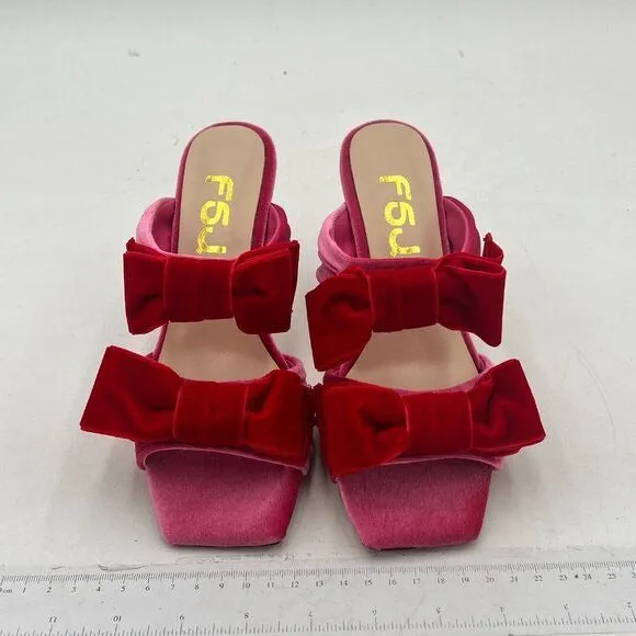 FSJ Pink Velvet Two Bows Open Toe Mule High Heel Slip On Party Evening Prom Shoe