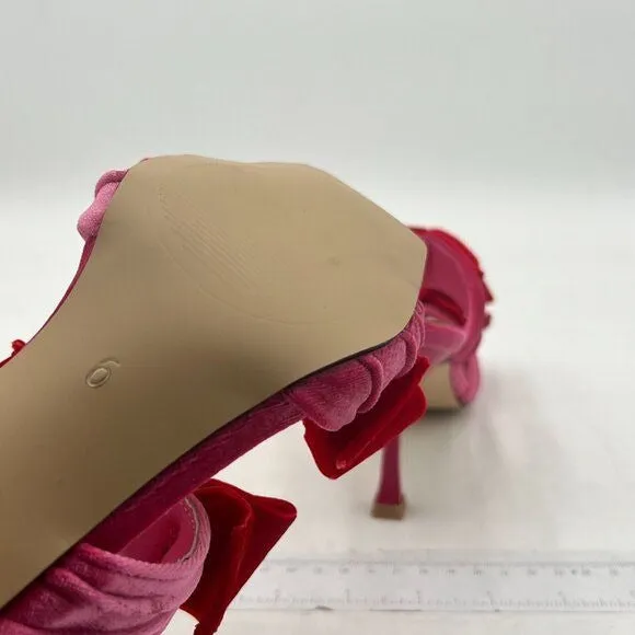 FSJ Pink Velvet Two Bows Open Toe Mule High Heel Slip On Party Evening Prom Shoe
