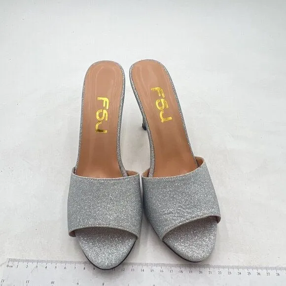 FSJ Silver Casual Peep Toe Mule Sandals Stiletto High Heels Party Evening Shoe