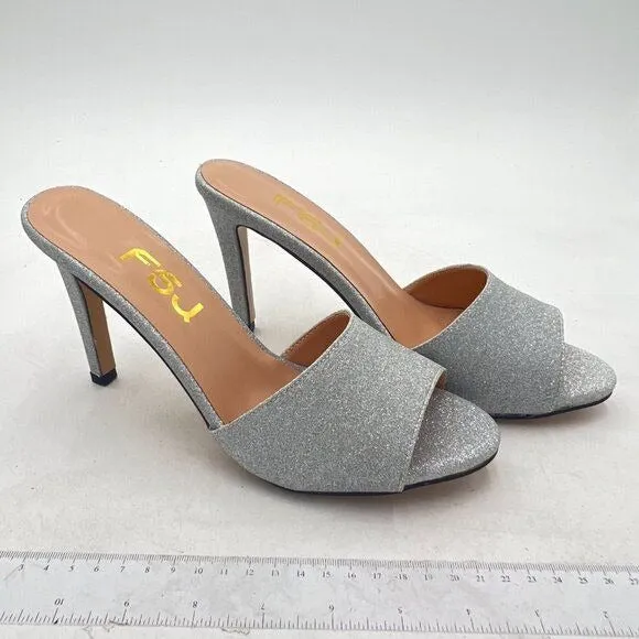 FSJ Silver Casual Peep Toe Mule Sandals Stiletto High Heels Party Evening Shoe