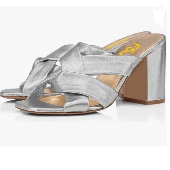 FSJ Silver Square Open Toe Weave Mule Block High Heel Slip On Party Dress Sandal