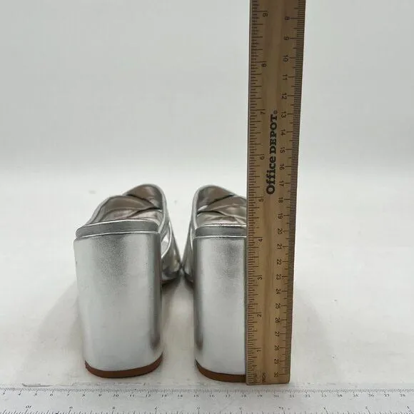 FSJ Silver Square Open Toe Weave Mule Block High Heel Slip On Party Dress Sandal
