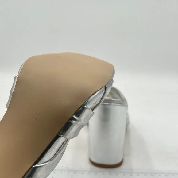 FSJ Silver Square Open Toe Weave Mule Block High Heel Slip On Party Dress Sandal