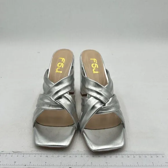 FSJ Silver Square Open Toe Weave Mule Block High Heel Slip On Party Dress Sandal