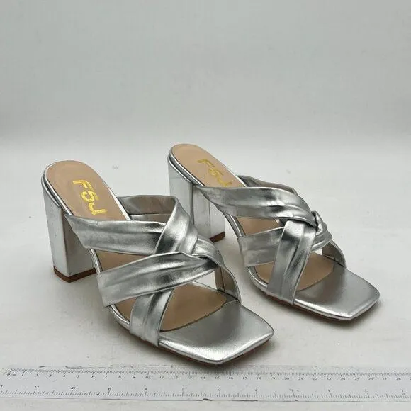 FSJ Silver Square Open Toe Weave Mule Block High Heel Slip On Party Dress Sandal