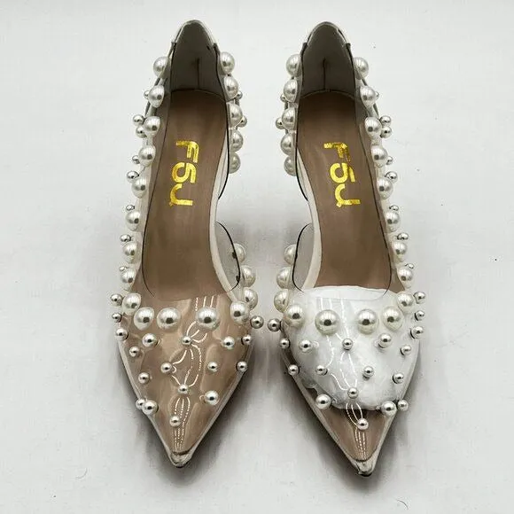 FSJ Slip On Pearls Beaded High Heels Slip On Pump Pointed Toe