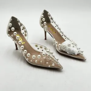 FSJ Slip On Pearls Beaded High Heels Slip On Pump Pointed Toe