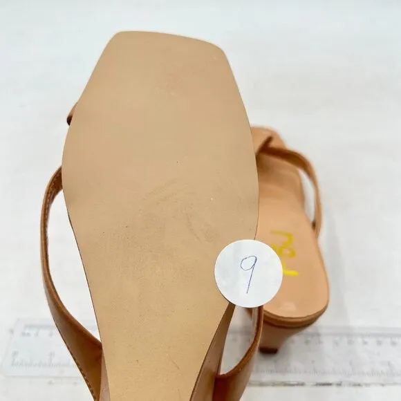 FSJ Tan Flip Flop Slide Mule Shoes Square Open Toe Thong Wedge High Heel Sandal