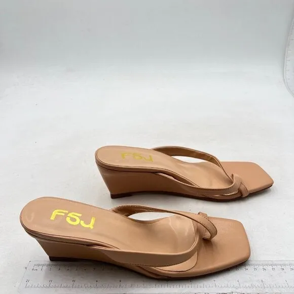 FSJ Tan Flip Flop Slide Mule Shoes Square Open Toe Thong Wedge High Heel Sandal