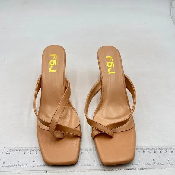 FSJ Tan Flip Flop Slide Mule Shoes Square Open Toe Thong Wedge High Heel Sandal
