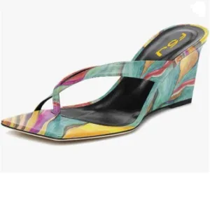 FSJ Watercolor Flip Flop Slide Mule Shoes Square Open Toe Thong Sandal Shoes