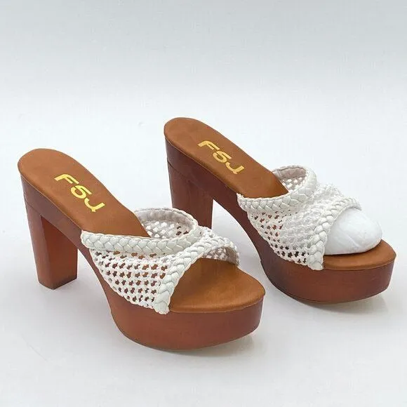 FSJ Women Braided Open Toe Sandal Platform Chunky High Heel Mule Woven Slip On C