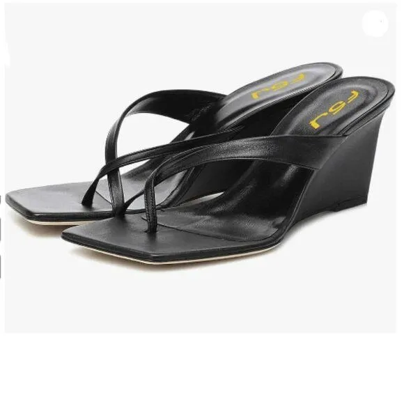 FSJ Women Casual Flip Flop Slide Mule Shoes Square Open Toe Thong Sandal Black