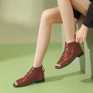 FSJ Women Peep Open Toe Boots Slouchy Low Block Heel Ankle Booties Flats Sandal
