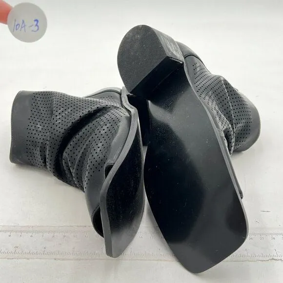 FSJ Women Peep Open Toe Boots Slouchy Low Block Heel  Booties Flats Sandal Black