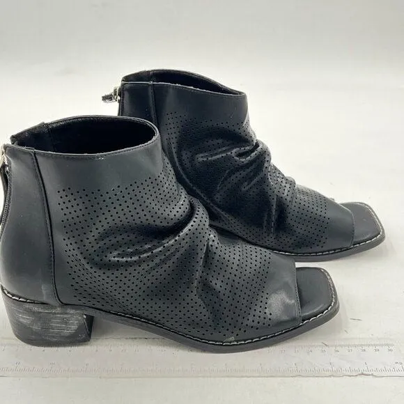 FSJ Women Peep Open Toe Boots Slouchy Low Block Heel  Booties Flats Sandal Black