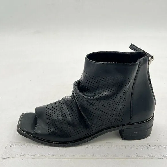 FSJ Women Peep Open Toe Boots Slouchy Low Block Heel  Booties Flats Sandal Black